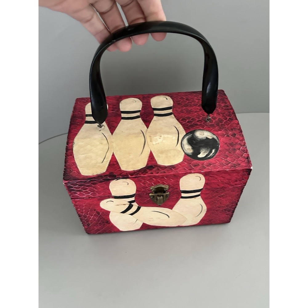Vintage Rockabilly Bowling Decoupage Wooden Box Purse Handbag Red & Black OOAK! - Picture 4 of 16